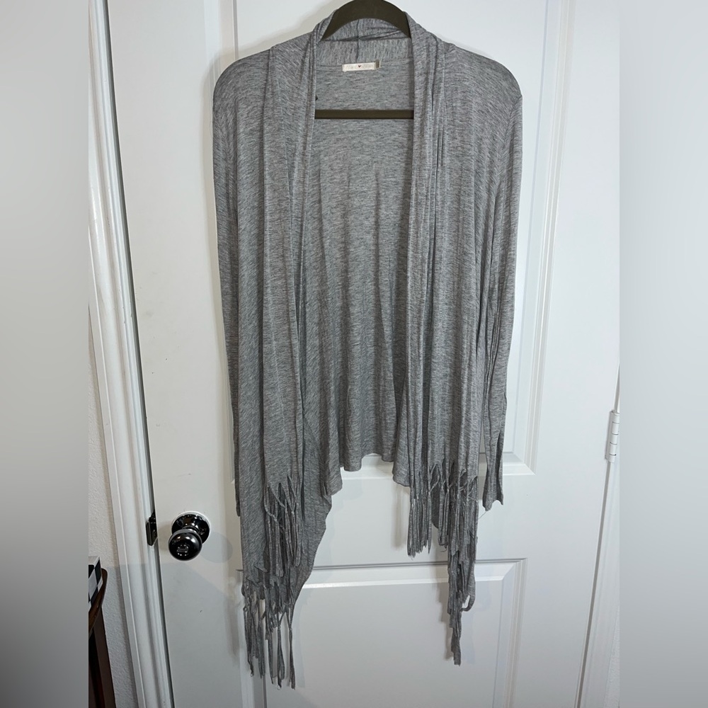 Heart&Hips Grey Stretchy Lightweight Knot Fringe Trim Detail Waterfall Cardigan